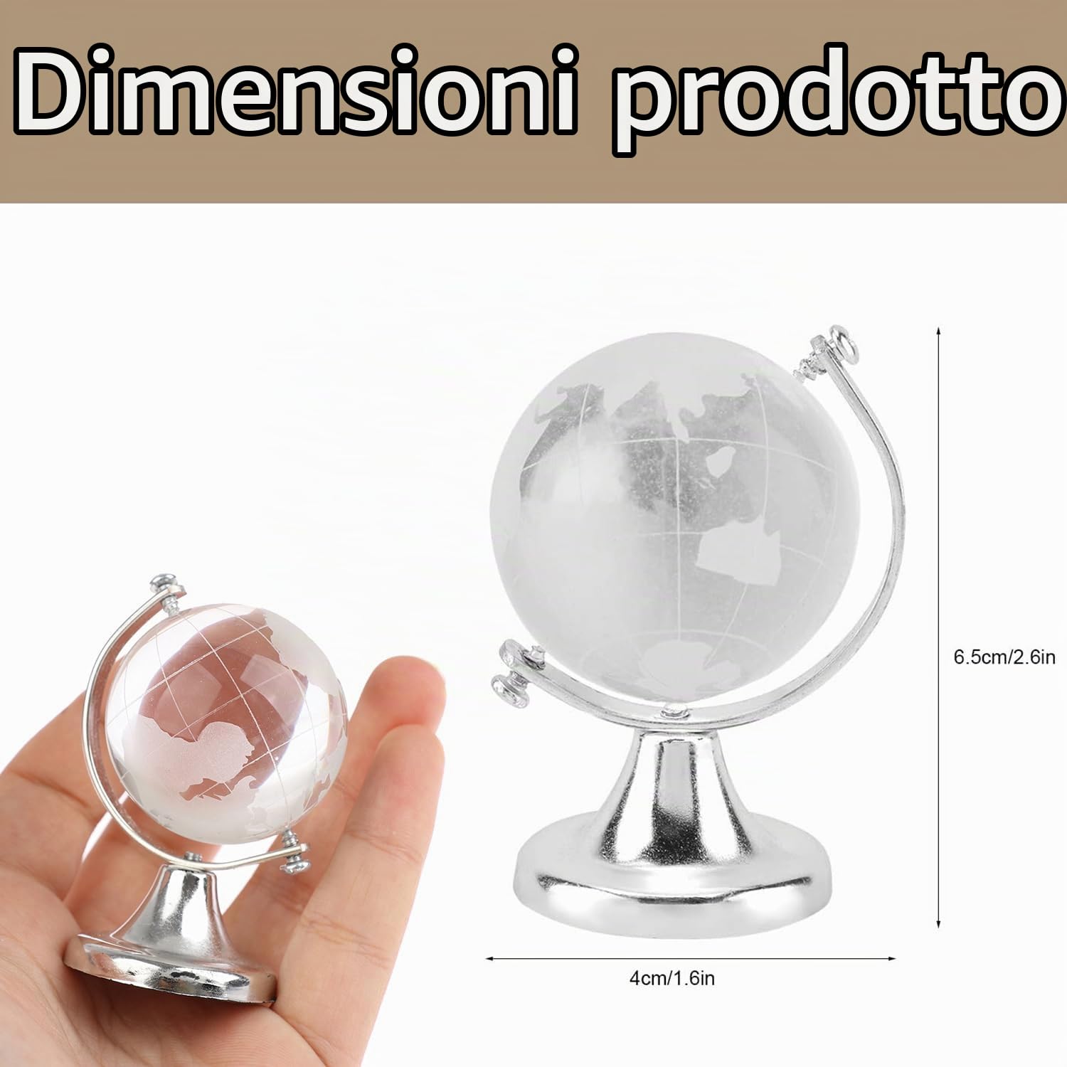 Hapivida Mini Mappamondo Cristallo 6,5 cm Argento Vetro