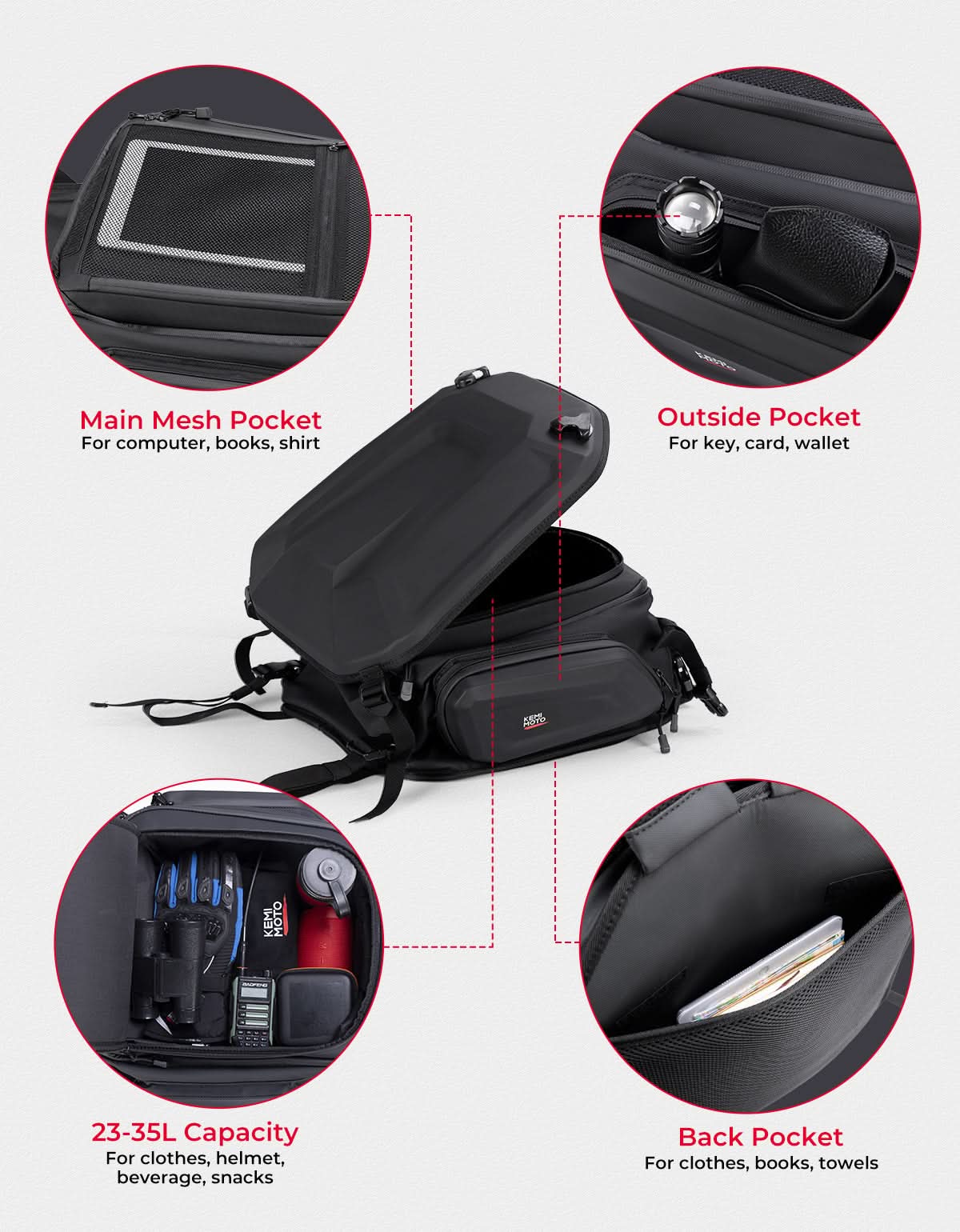 KEMIMOTO borsa posteriore moto rigida 23-35L impermeabile
