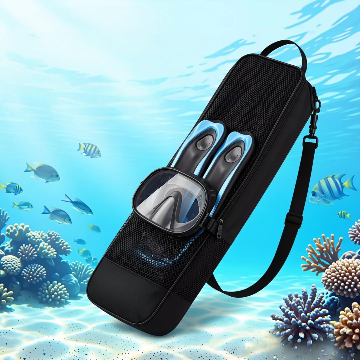 Kuuleyn borsa rete snorkeling zaino nylon nero 70 cm con zip