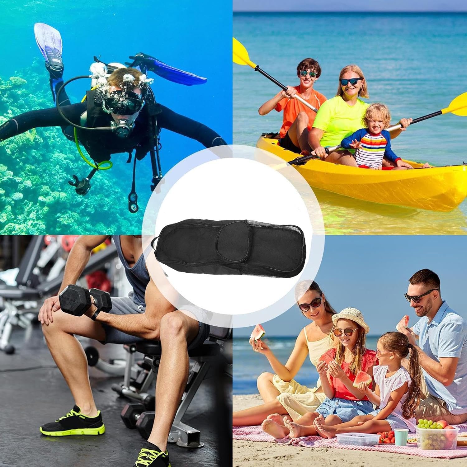 Kuuleyn borsa rete snorkeling zaino nylon nero 70 cm con zip
