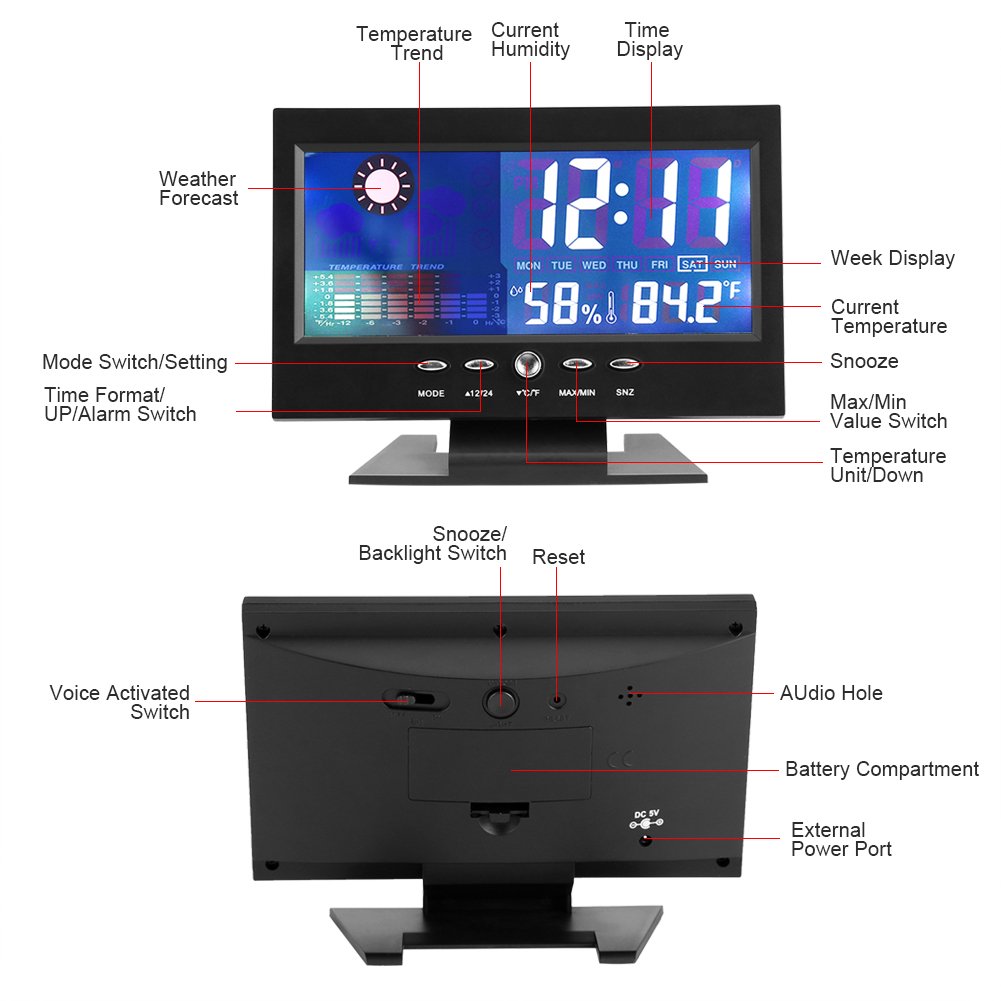 Kuuleyn igrometro digitale LCD nero con sveglia