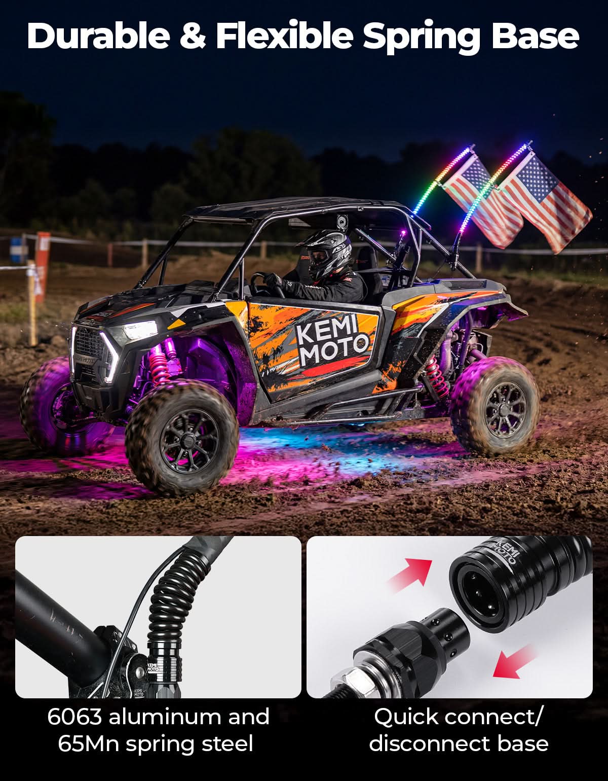 KEMIMOTO 3FT kit whip lights + rock lights LED IP67