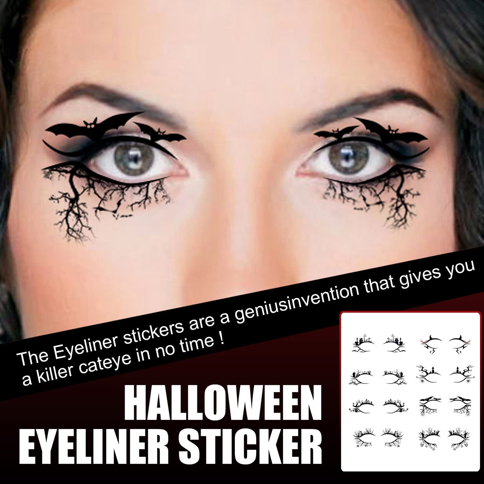 Kuuleyn Halloween adesivi eyeliner 8 fogli ragno pipistrello