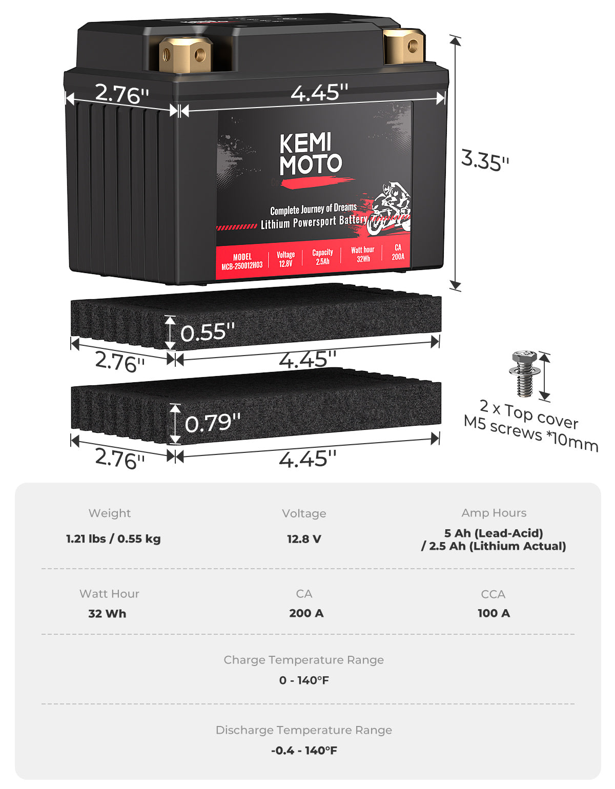 KEMIMOTO Batteria Litio 12V 2,5Ah LiFePO4 Moto