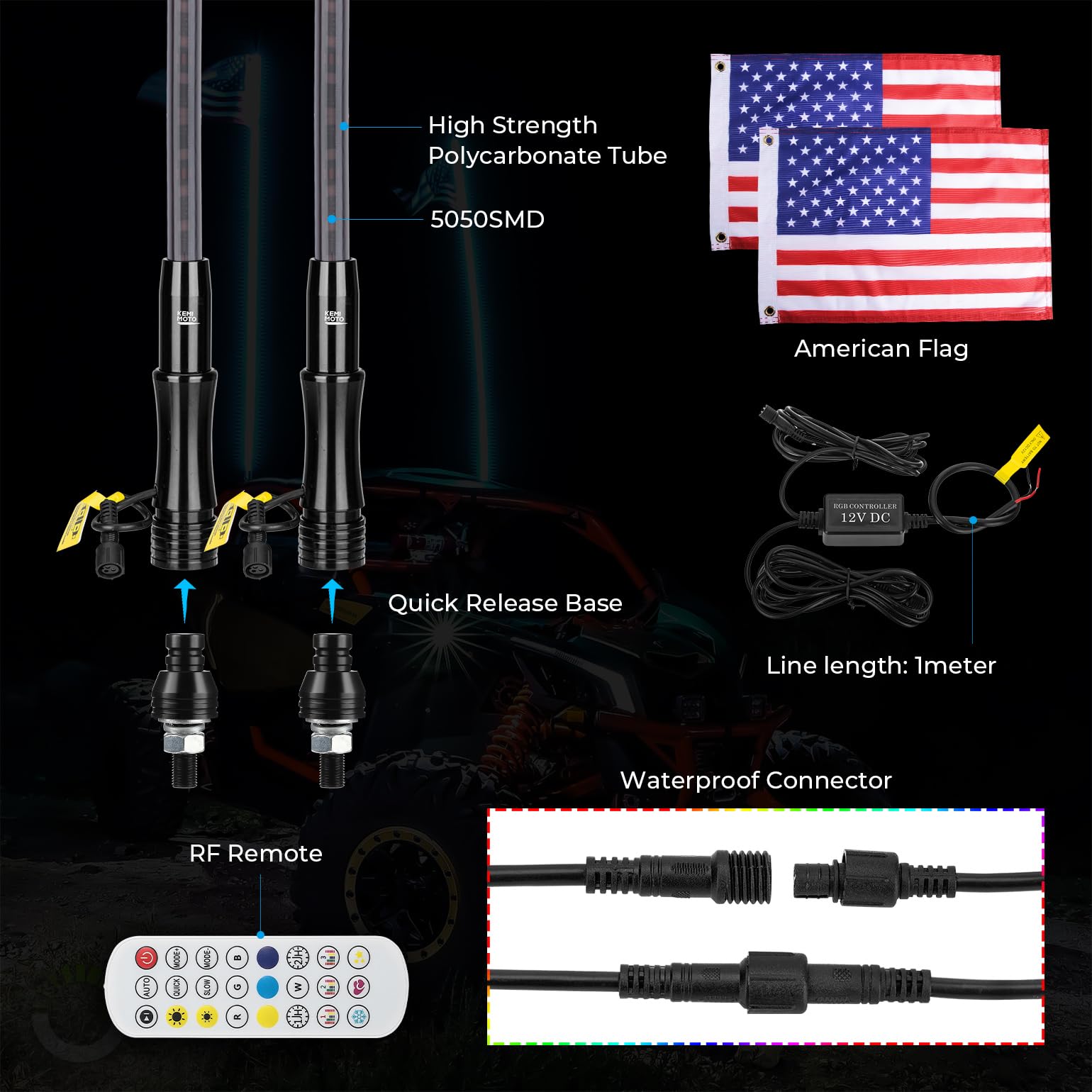 Kemimoto Whip Light LED 3FT nere coppia RF