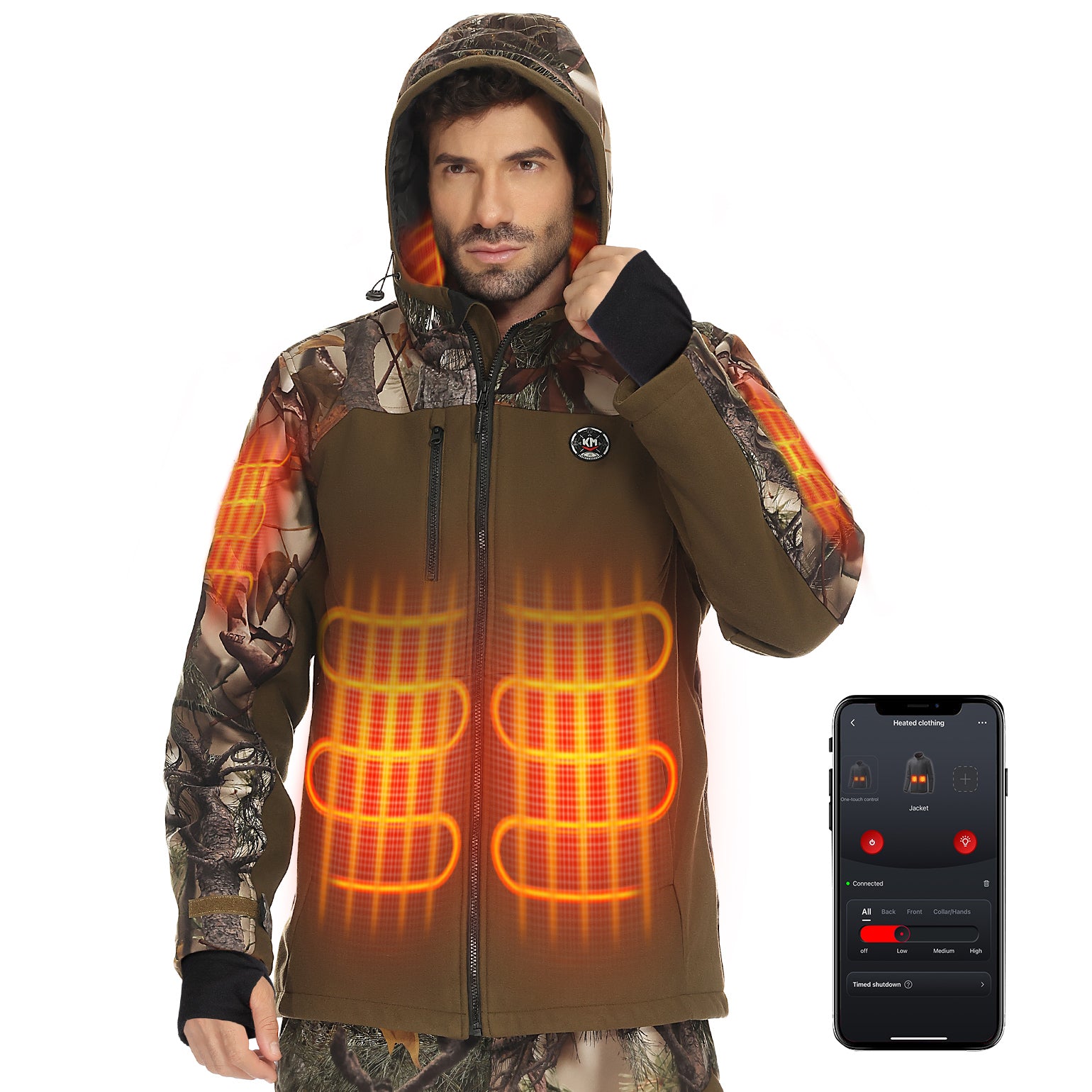 Kemimoto giacca riscaldata mimetica con cappuccio e batteria