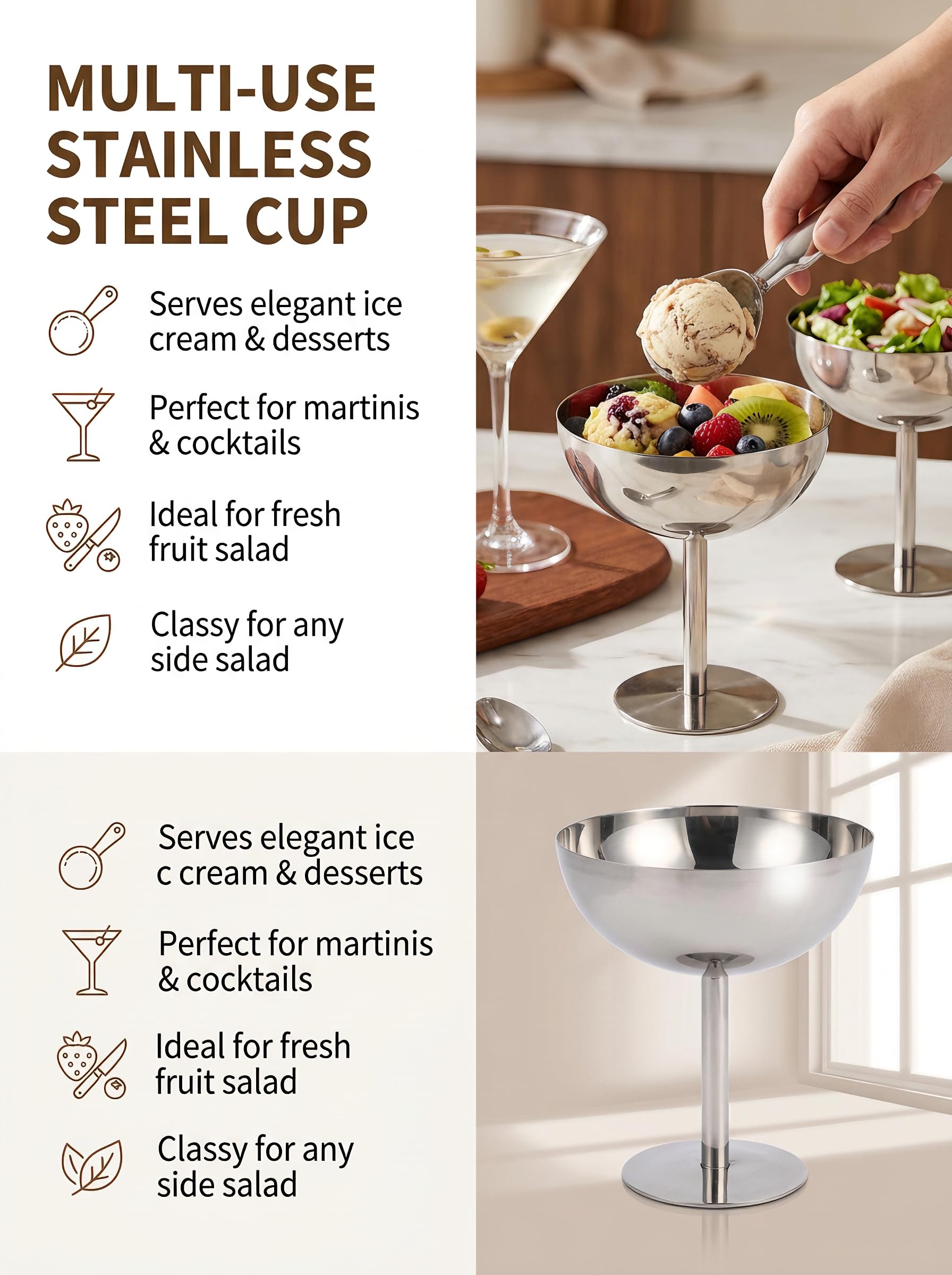 Hapivida coppa gelato acciaio inox con base set 4 pezzi 6x11 cm