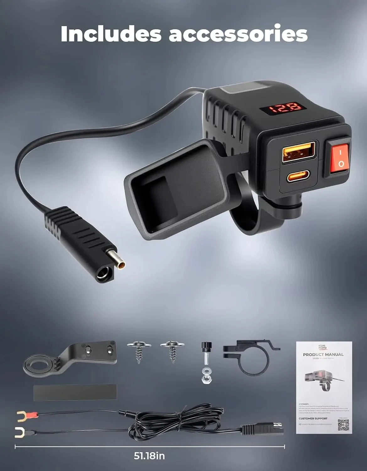 KEMIMOTO Caricabatterie USB Moto USB-C USB-A 30W IP66