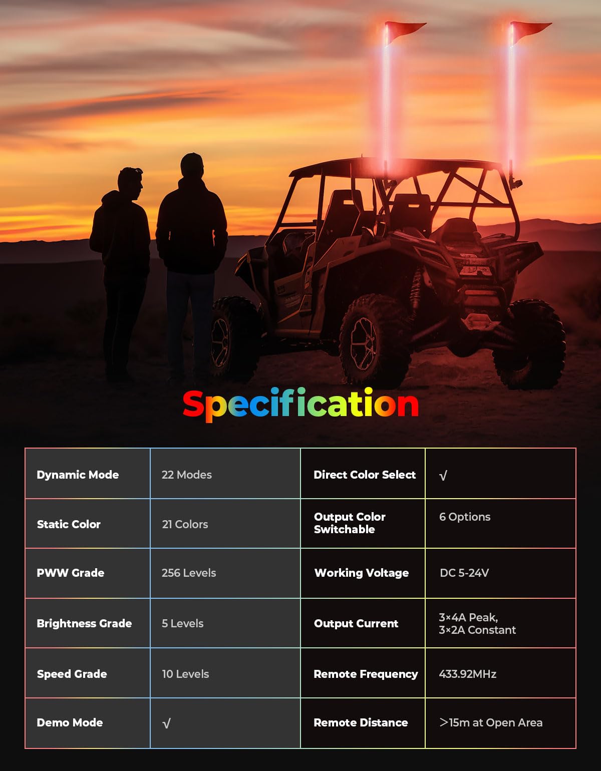 KEMIMOTO Whip Lights LED 5FT UTV 2Pcs con Molle RGB