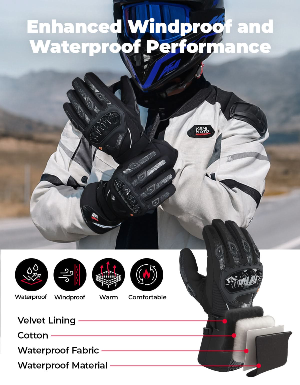 KEMIMOTO Guanti Moto Invernali Impermeabili Touchscreen