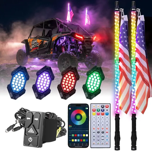 KEMIMOTO 3FT kit whip lights + rock lights LED IP67
