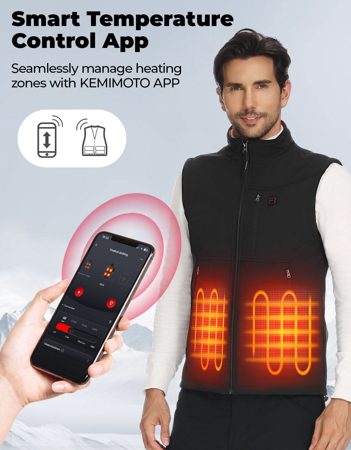 KEMIMOTO Gilet Riscaldato Antivento 4 Zone 10000mAh