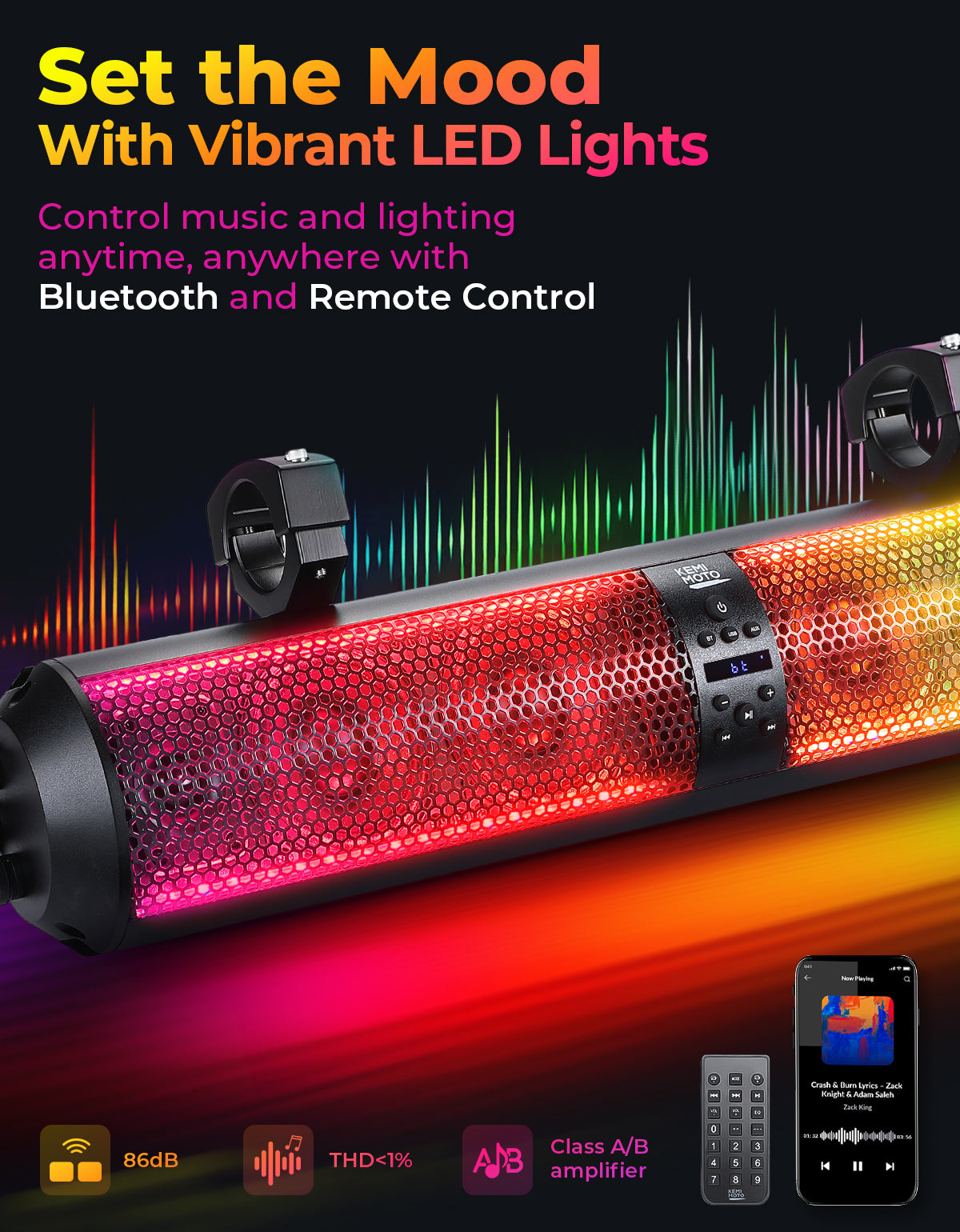 Kemimoto 28 soundbar UTV Bluetooth RGB roll bar 1,5-2,25"