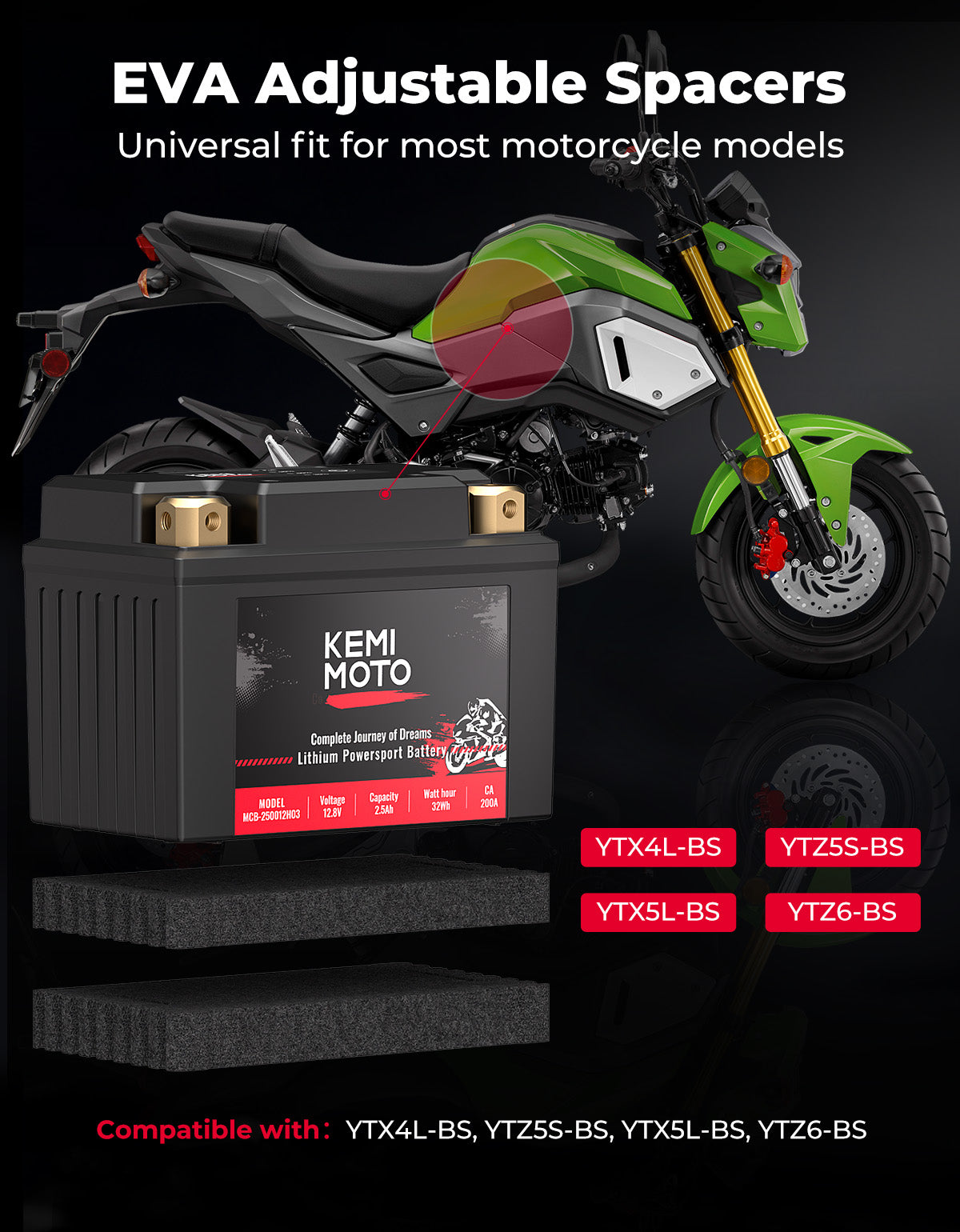 KEMIMOTO Batteria Litio 12V 2,5Ah LiFePO4 Moto