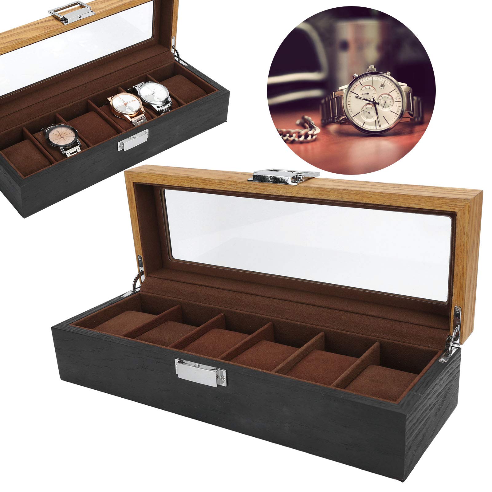 AOWINHIT Scatola Orologi Legno Massello 6 Slot con Vetro