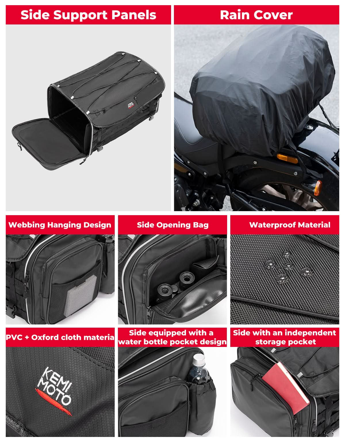 Kemimoto borsa posteriore moto 50L espandibile con copripioggia