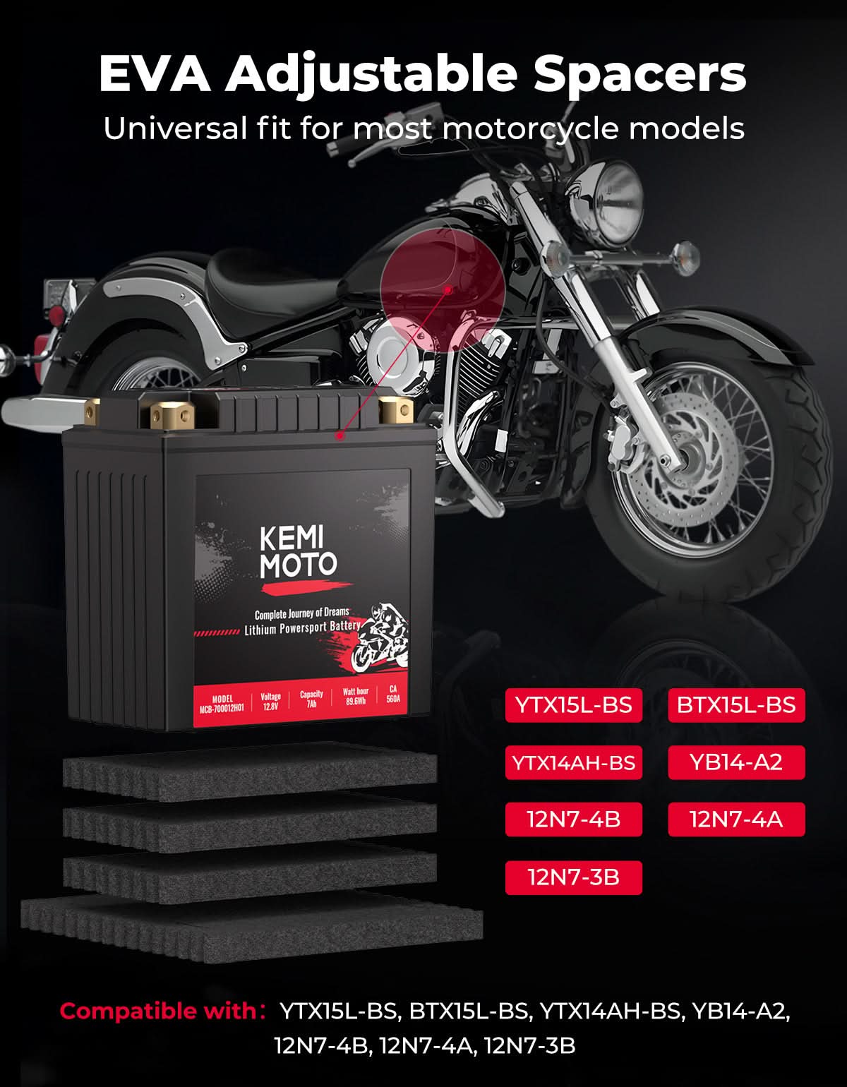KEMIMOTO 12V 7Ah batteria LiFePO4 moto ATV UTV 560A