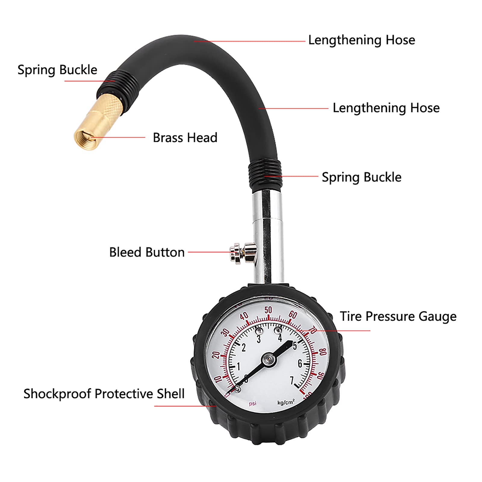 Kuuleyn 0-100 psi manometro pressione pneumatici nero