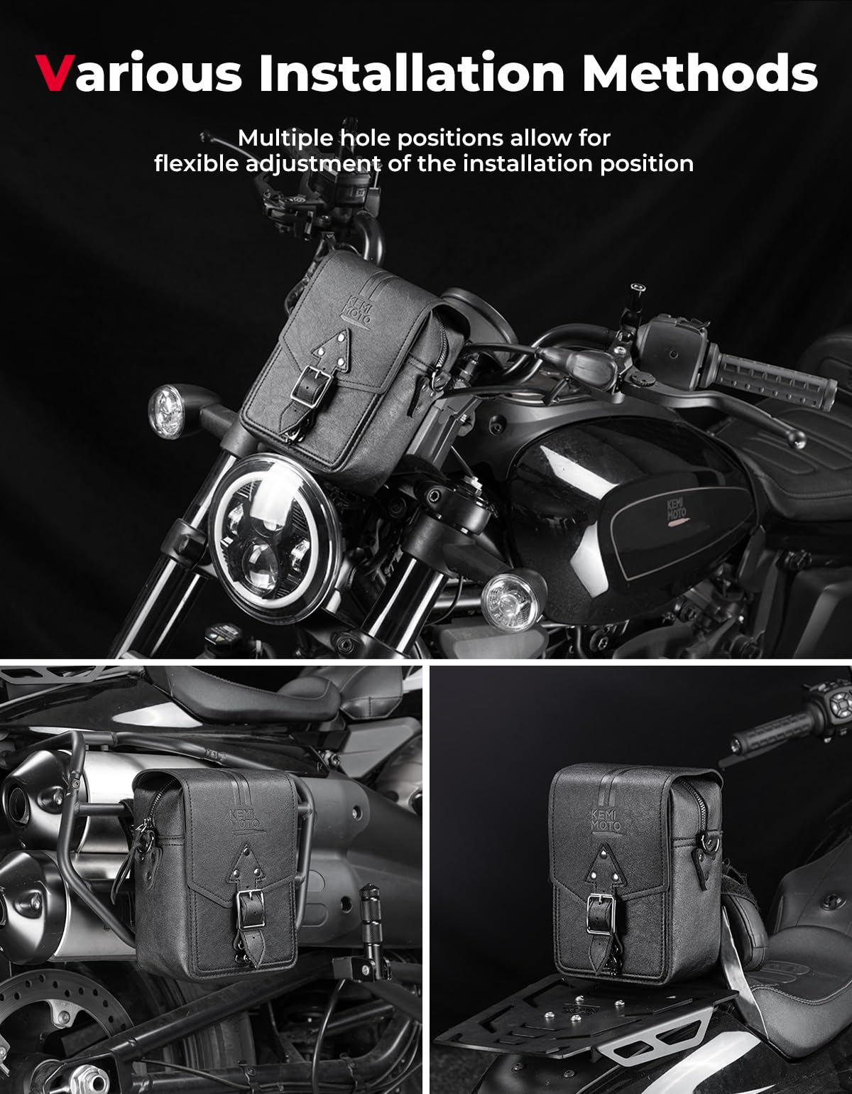 KEMIMOTO borsa manubrio moto pelle nera T-Bar impermeabile
