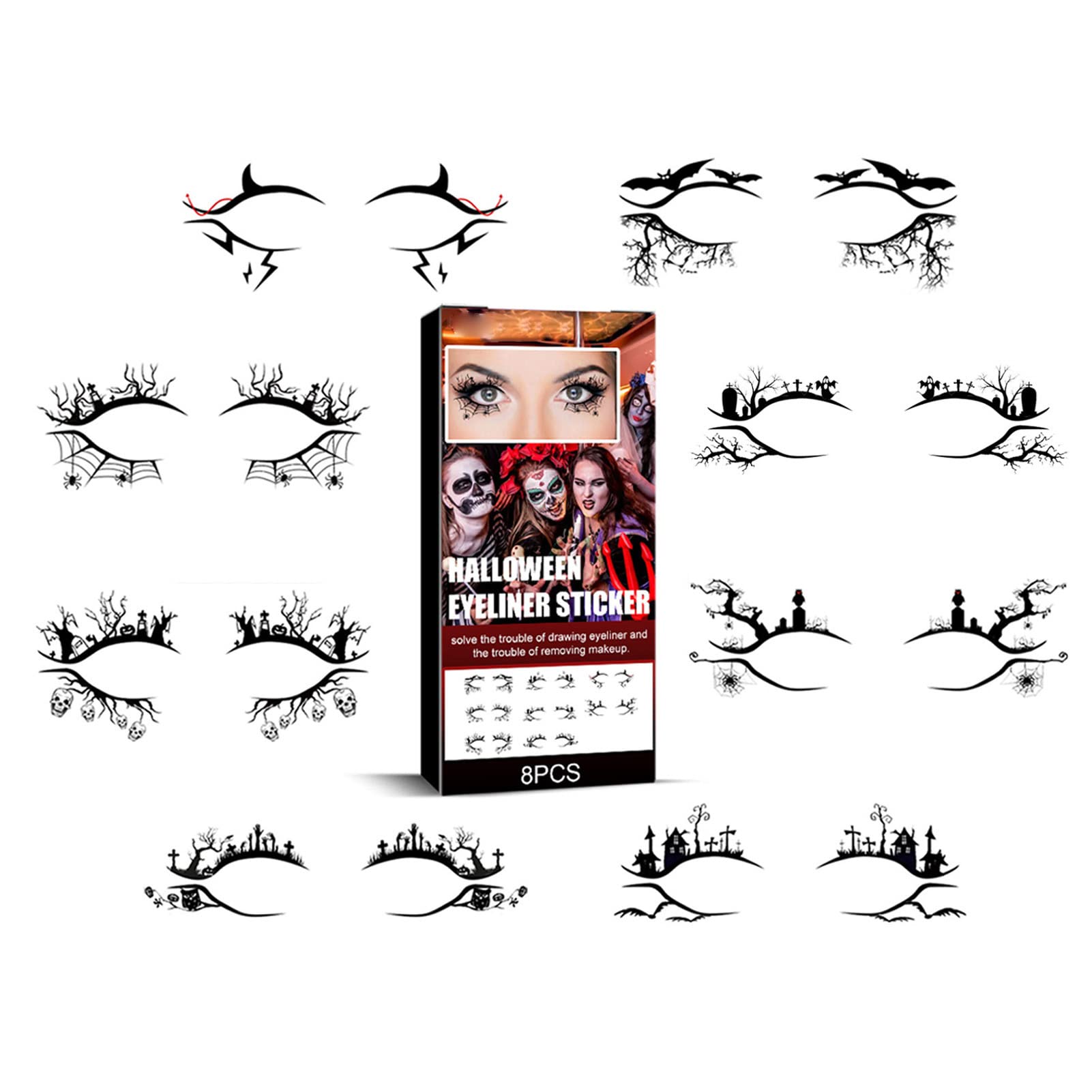 Kuuleyn Halloween adesivi eyeliner 8 fogli ragno pipistrello