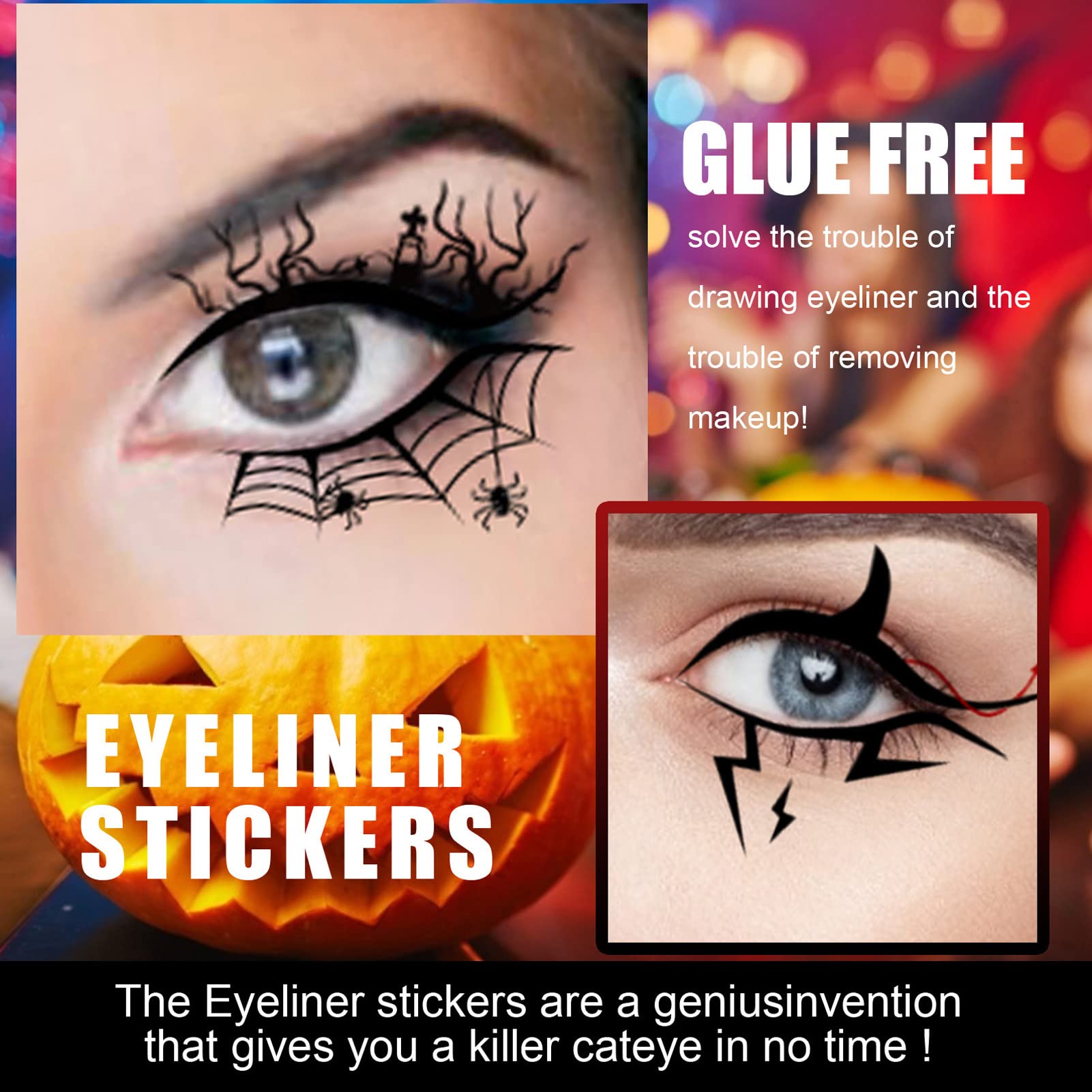 Kuuleyn Halloween adesivi eyeliner 8 fogli ragno pipistrello